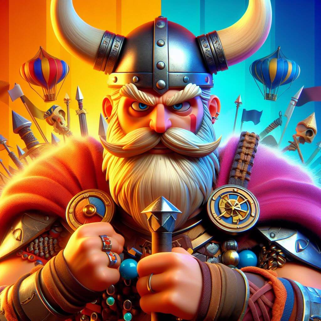 Viking en casque avec cornes, décor coloré, éléments médiévaux fantastiques.