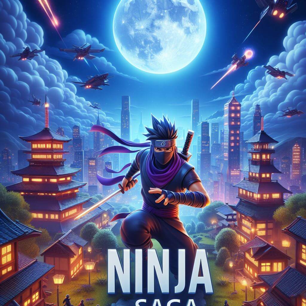Ninja en train de combattre dans un décor urbain futuriste avec pagodes et grattes-ciel, sous une pleine lune illuminée.