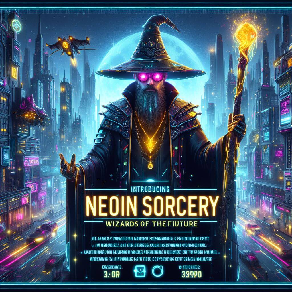 Sorcerer néon avec chapeau pointu et baguette magique dans ville futuriste AI.