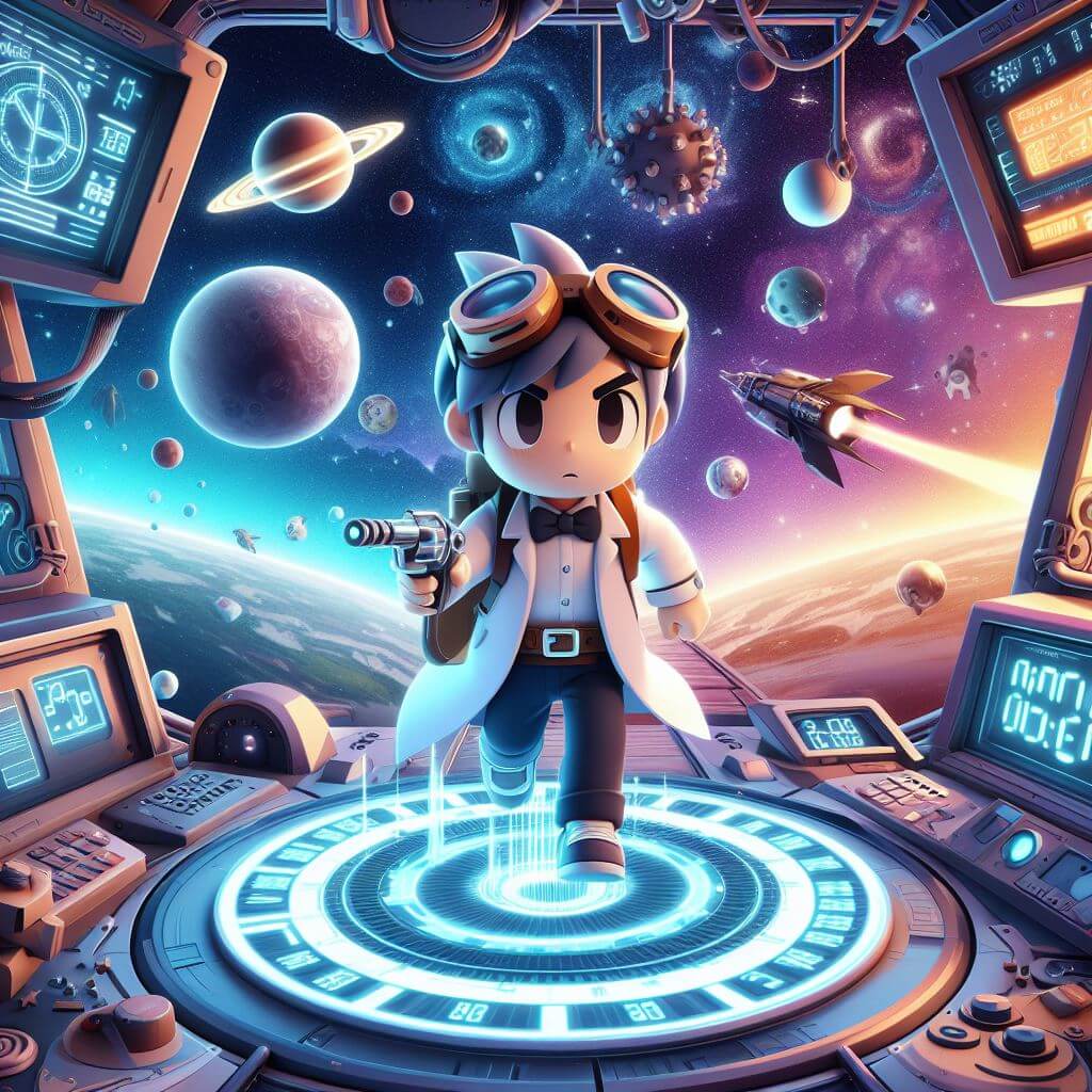 Jeune garçon en combinaison spatiale dans un univers futuriste avec planètes et fusée.